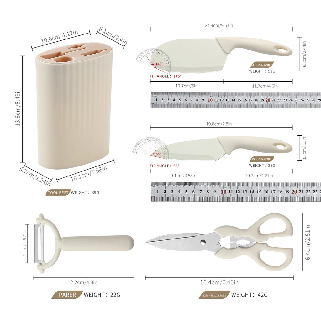 5-piece kitchen tool set, including a small chopping knife, scissors, fruit knife, peeler, and knife block, suitable for househo