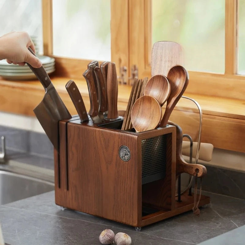 Multi-Function Knife Rack, Kitchen Cutting Board Stand, Knife and Board Storage Holder, Pot Lid and Chopstick Organizer