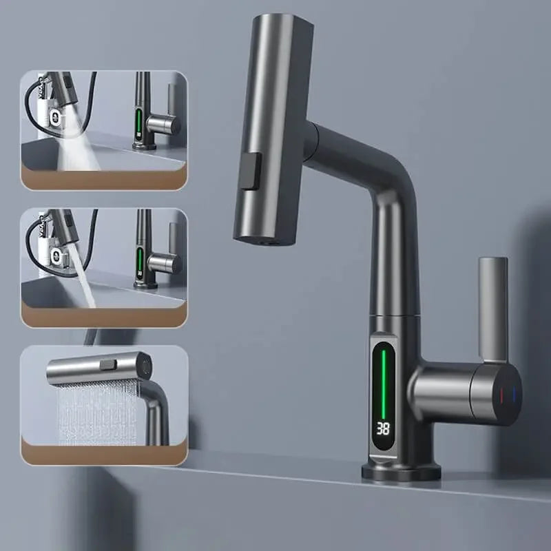 Smart Digital Display Basin Faucet 3 Function Pull Out Waterfall Spout Deck Mount Cold Hot Water Mixer Liftable Sink Crane Tap