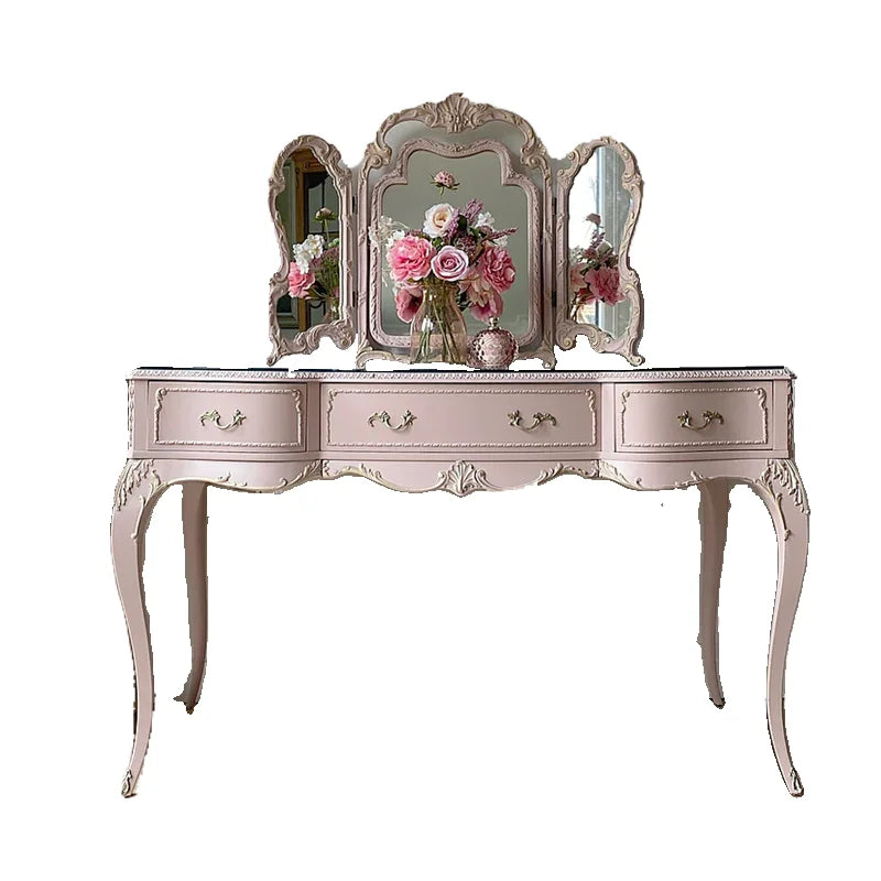 Retro old pink dresser Nordic European solid wood carving flower dressing table makeup stool glass combination