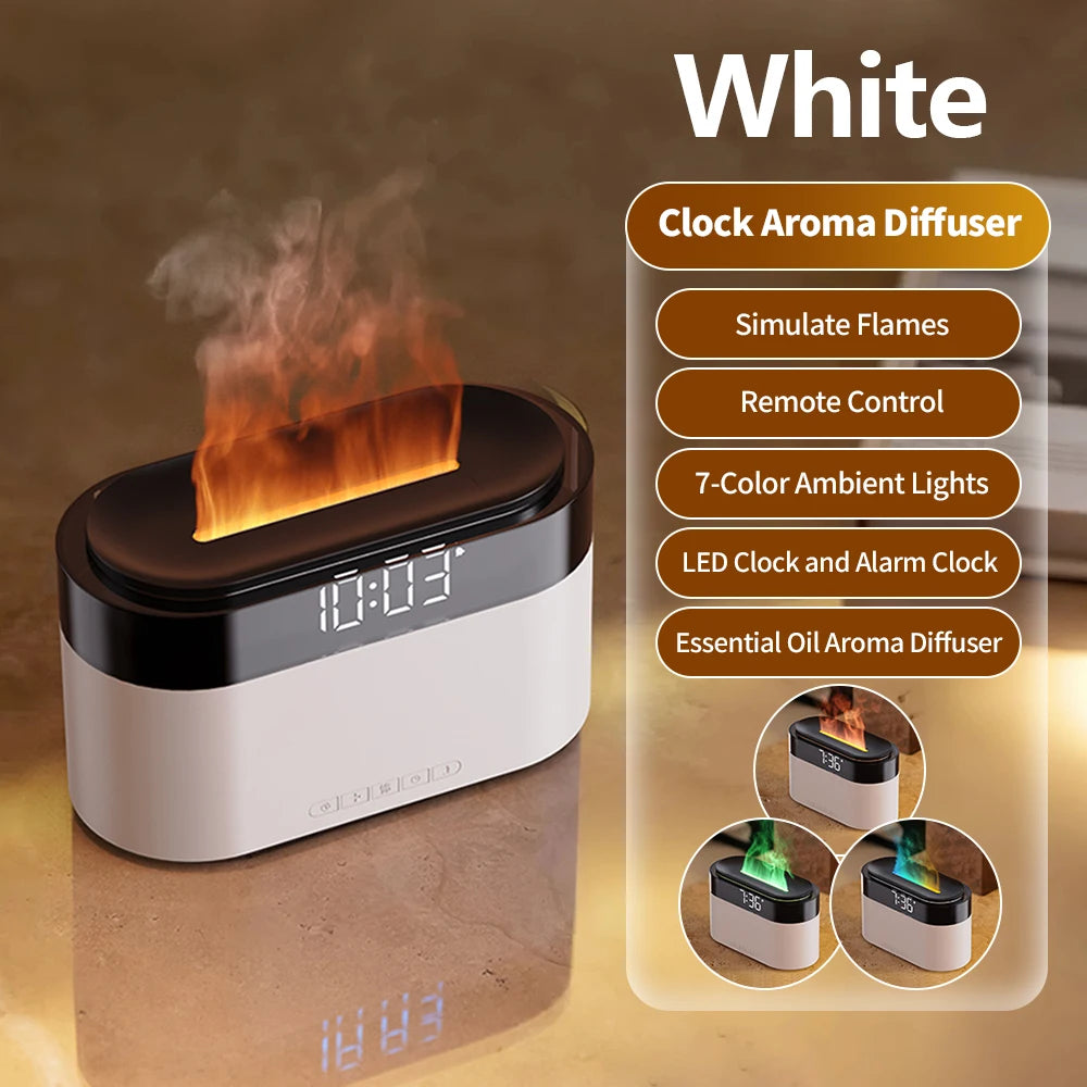 LED Clock Ultrasonic Air Humidifier with Colorful Flame Night Light an