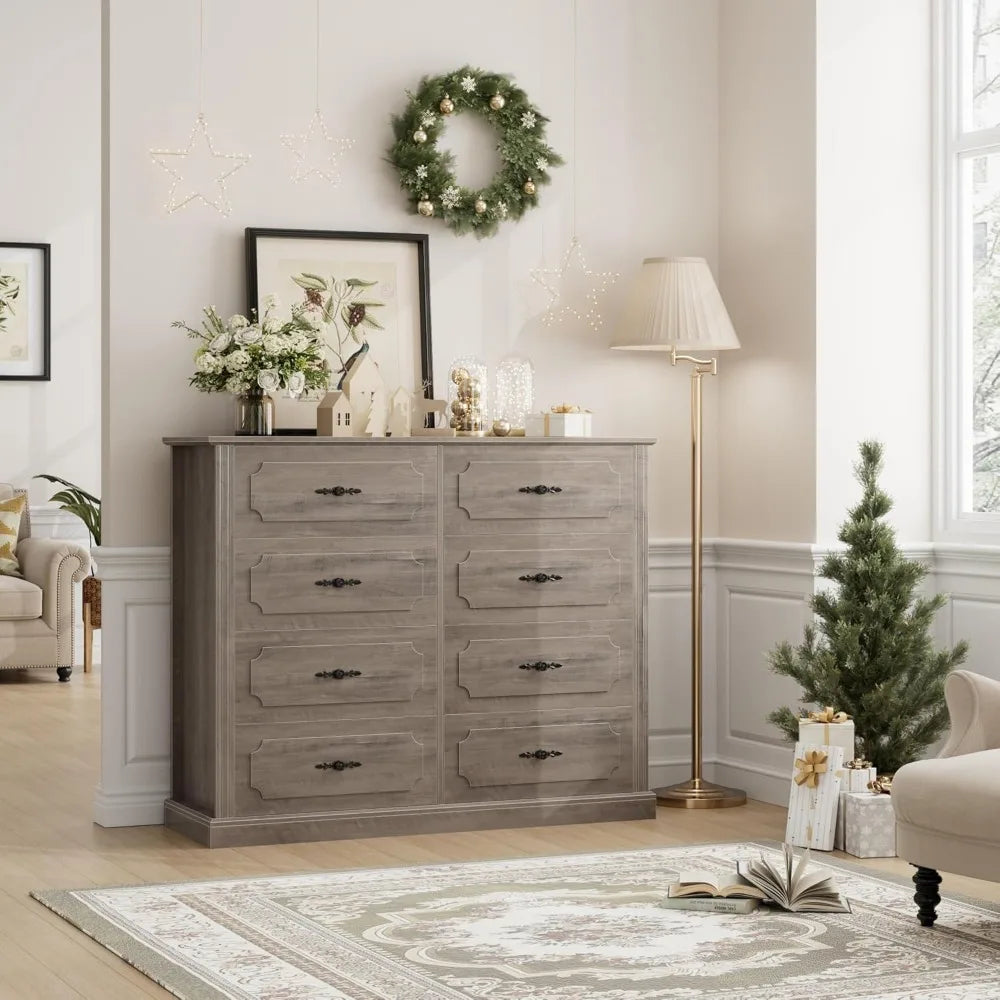 Grey Dresser Chest of Drawers, 47.2” Farmhouse Wood Dresser 8 Drawer with Steel Handles, Modern Drawers Floor Storage Cabinet f