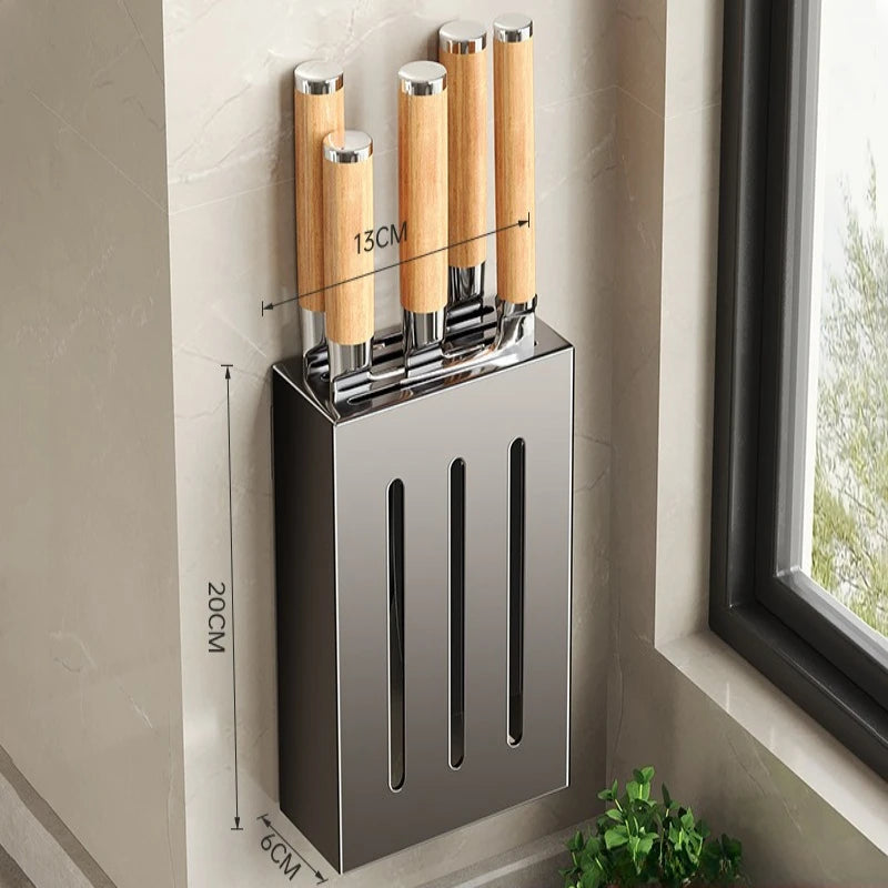 Kitchen Knife Holder Stainless Steel Wall Mount Punch Free Multifunctional Kitchen Organizer Traceless Utensil Storage Rack