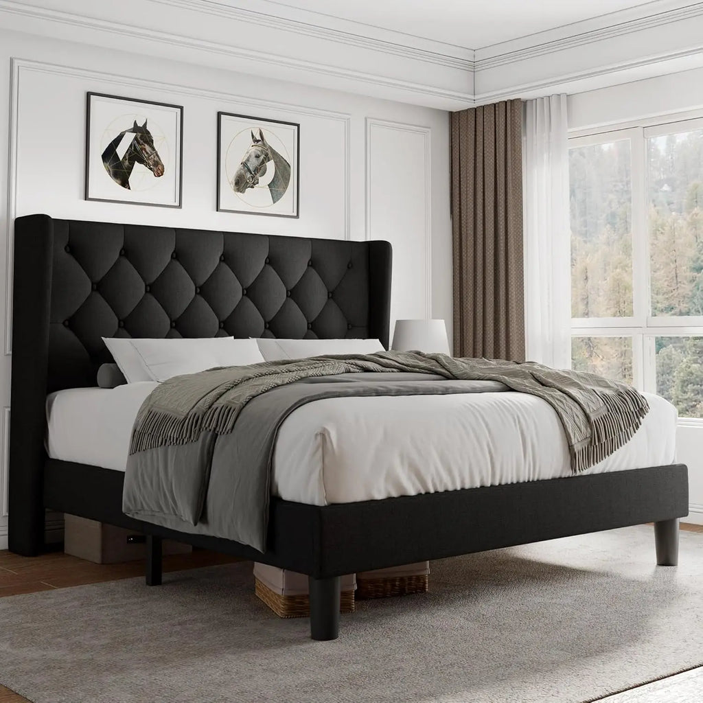 Velvet Platform Bed Frame with Button Tufted Headboard, Upholstered Bed Frame with Solid Wooden Slats, 8" Underbed Space