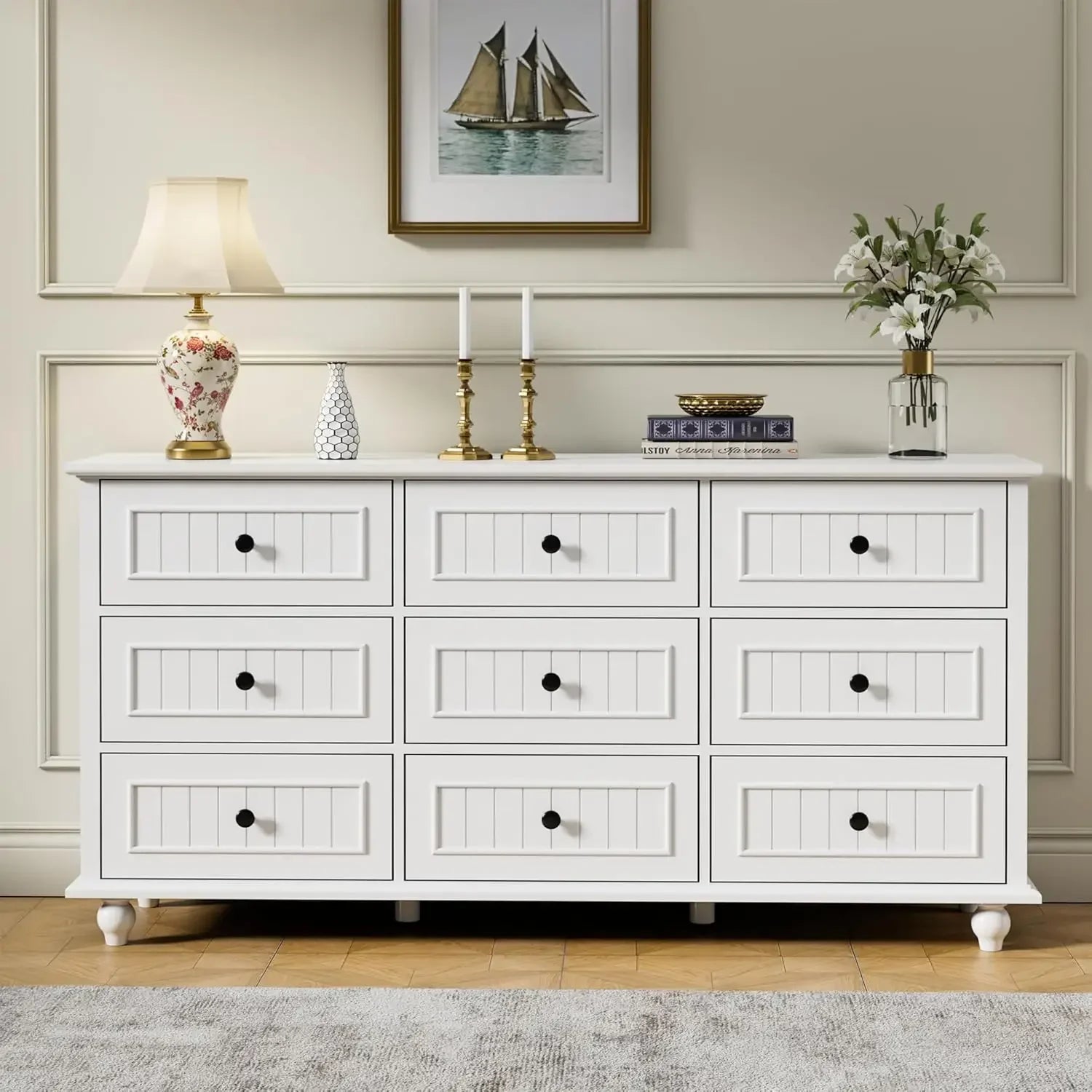 Scurrty White 9 Drawer Dresser, Antique Chest of Drawers,Large Cabinet with Storage, Big Dresser for Clothes in Bedroom