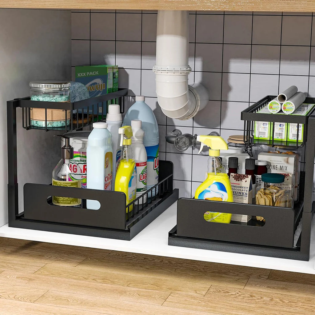 Under Sink Organizer and Storage, 2 Pack Pull Out Cabinet Organizer Slide Out Sink Shelf Cabinet Storage Shelves, Under Sink Sto