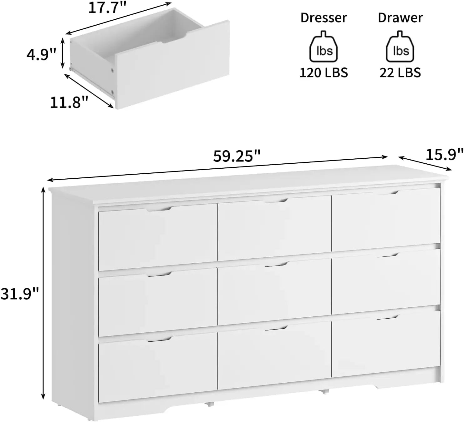 9 Drawer White Dresser for Bedroom with Deep Drawers, Large Dressers & Chest of Drawers Handle Free