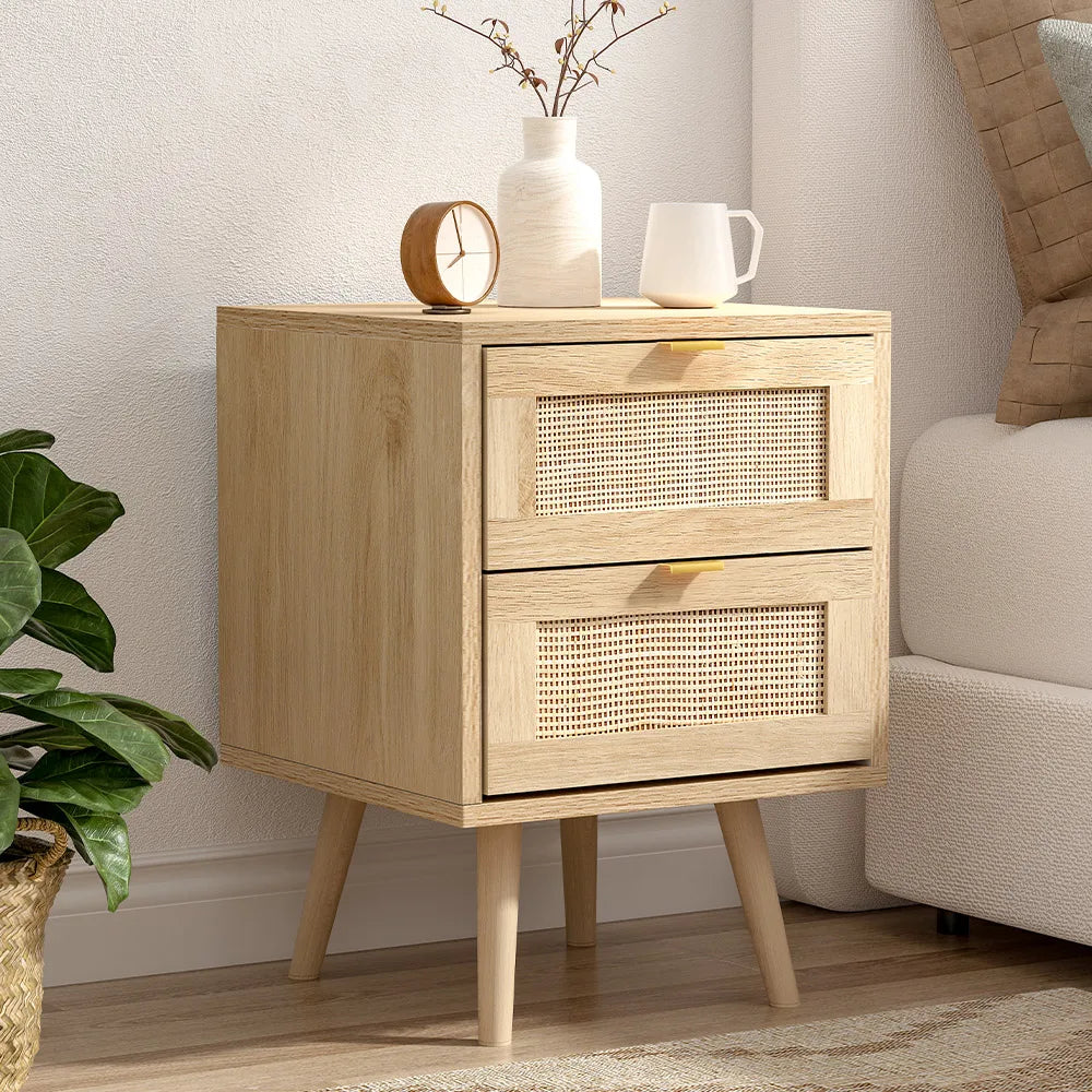 【Lifeideas】 2 Pack Wood and Rattan Side Cabinet Livingroom Bedroom Decoration Storage Cabinet Modern Classic