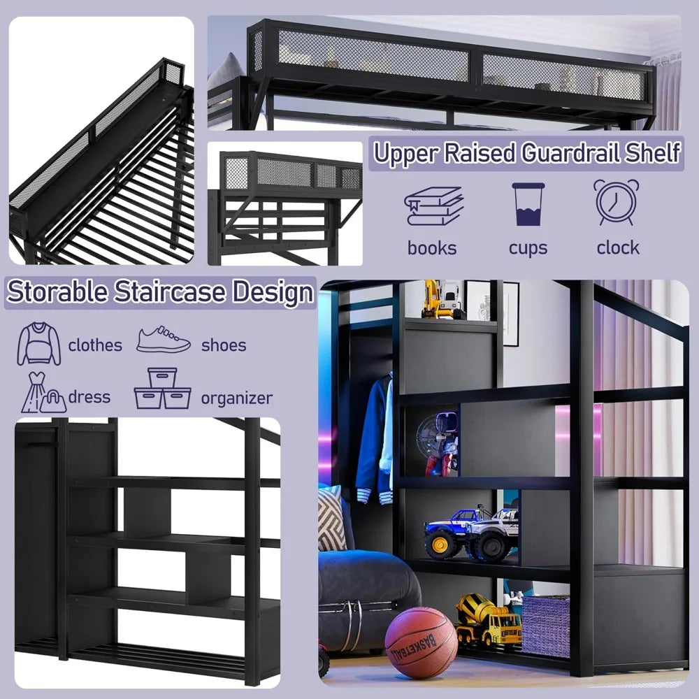 Metal Queen Size Loft Bed Frame with Storage Stairs, Side Shelf, Wardrobe, USB Ports, and LED Lighting
