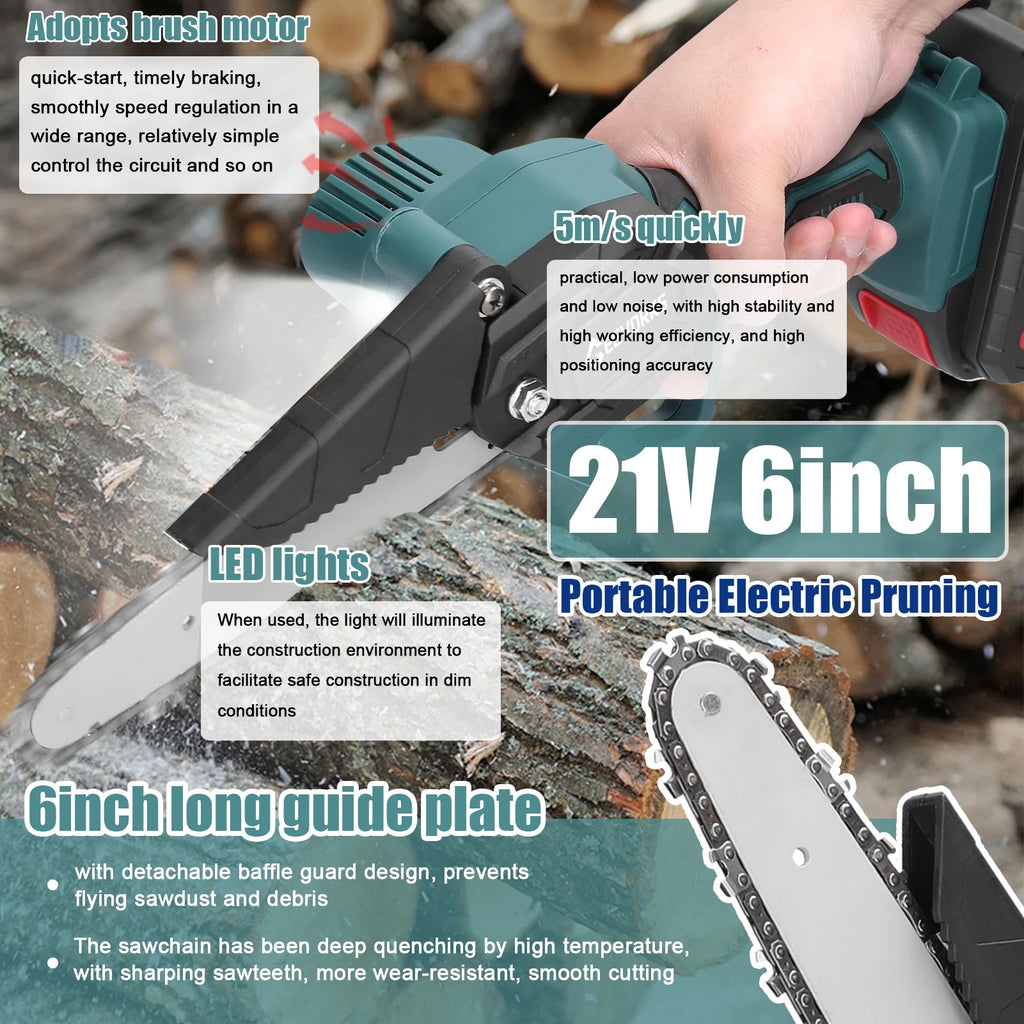 Geevorks 6 Inch Chain Saw Cordless Handheld Pruning Chainsaw Woodworking Electric Saw Cutting Power Tools