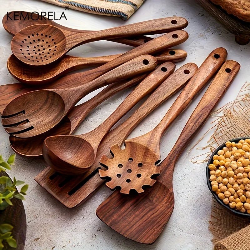 10PCS Natural Wooden Cooking Utensils Kit - Spoons Ladles for Salad Soup Noodles - Kitchen Utensils