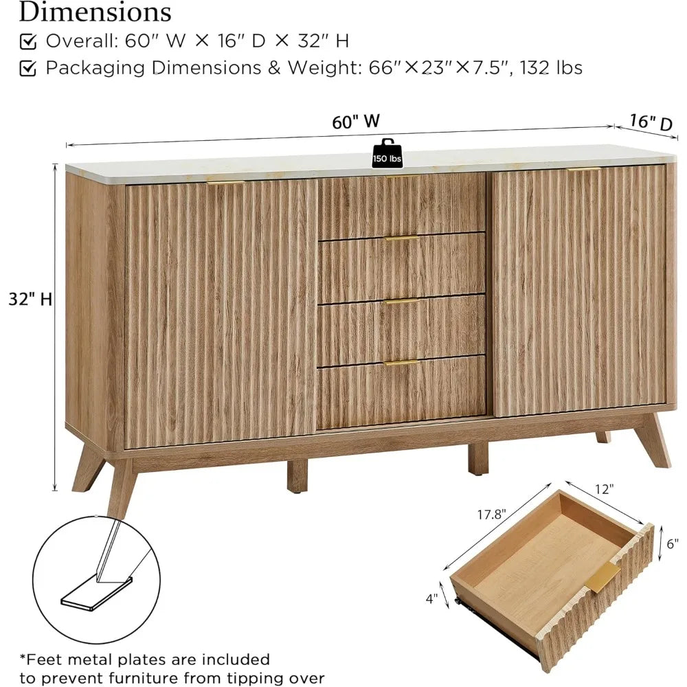 60" Fluted Dresser with Sliding Doors and 4 Drawers, Modern Chest w/Faux Marble Top, Curved Profile Design, Dresser