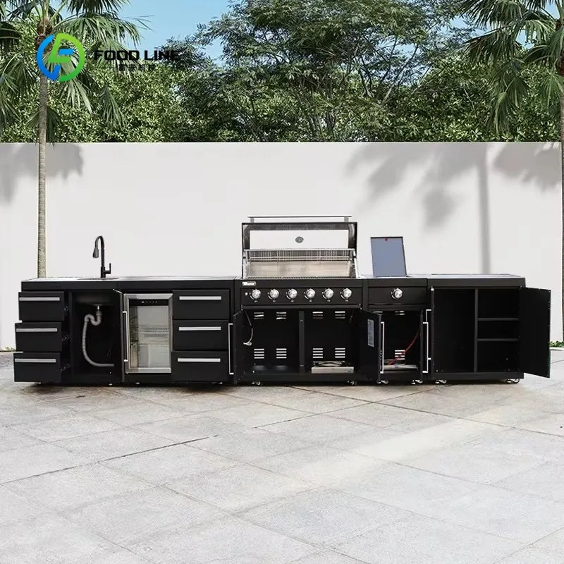 Customized Modern Outdoor Kitchen Cabinets Stainless Steel Gas Grill Worktop 304 Cabinet with Acrylic Door Panel Outdoor Storage