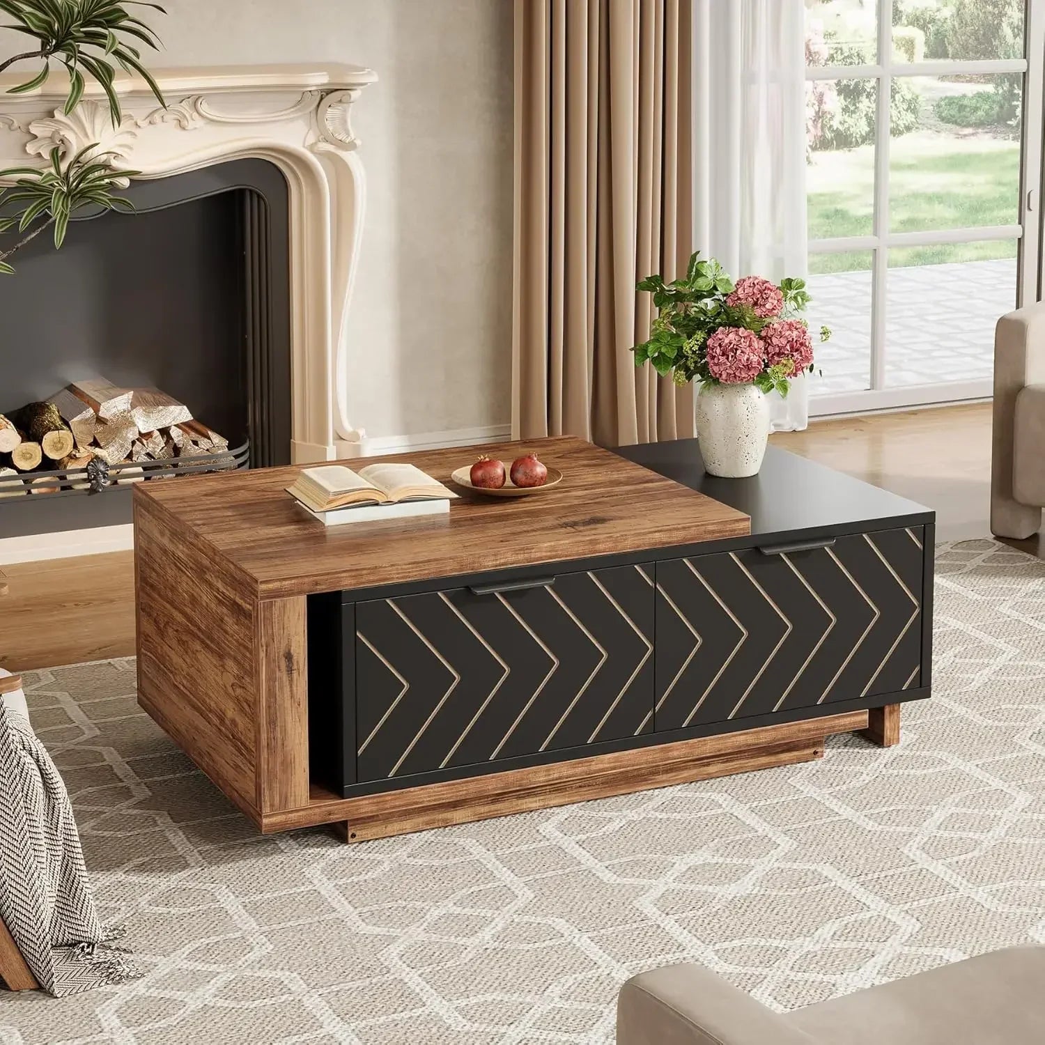 Extendable Coffee Table,Length Adjustable Reversible Wood Coffee Table with 2 Storage Drawers,Rectangular Dual-Tone Center Table