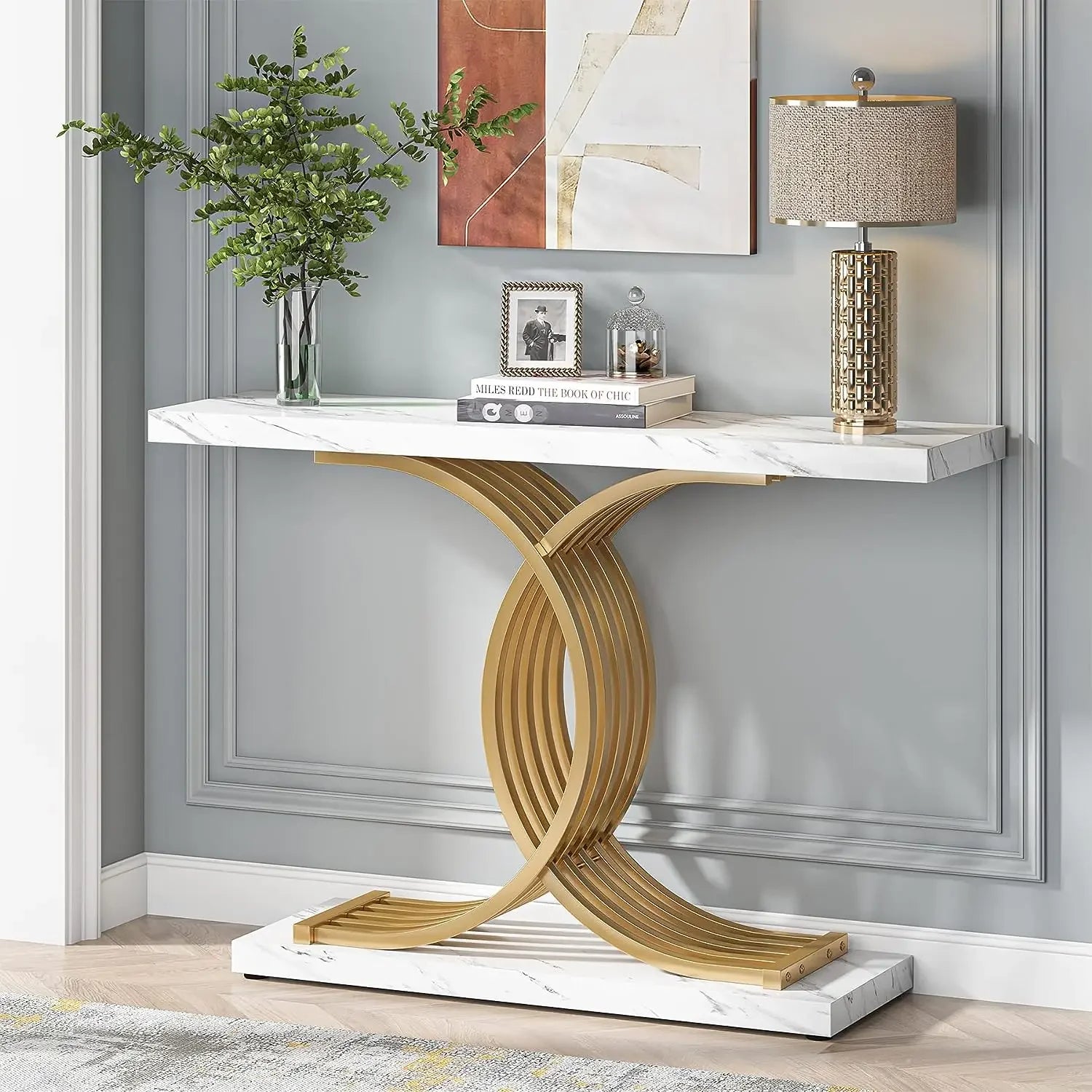 Tribesigns Gold Entryway Table, Modern 39-Inch Console Faux Marble Narrow Wood Sofa with Geometric Metal Legs
