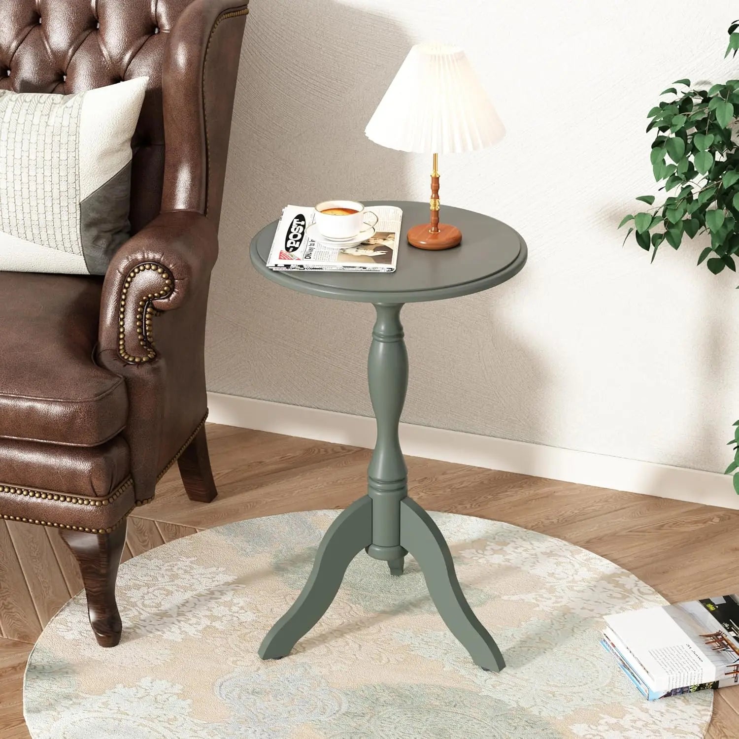 Round Small End Table, Wooden Pedestal Side Coffee Tables, Vintage Accent Nightstand For Living Room, Bedroom, Entryway, Green