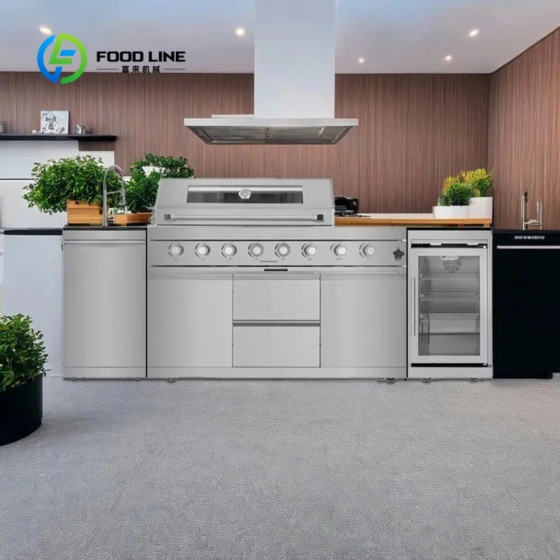Customized Modular DIY Stainless Steel Outdoor Kitchen with Grill Fridge Sink Adjustable Height for Patio Backyard