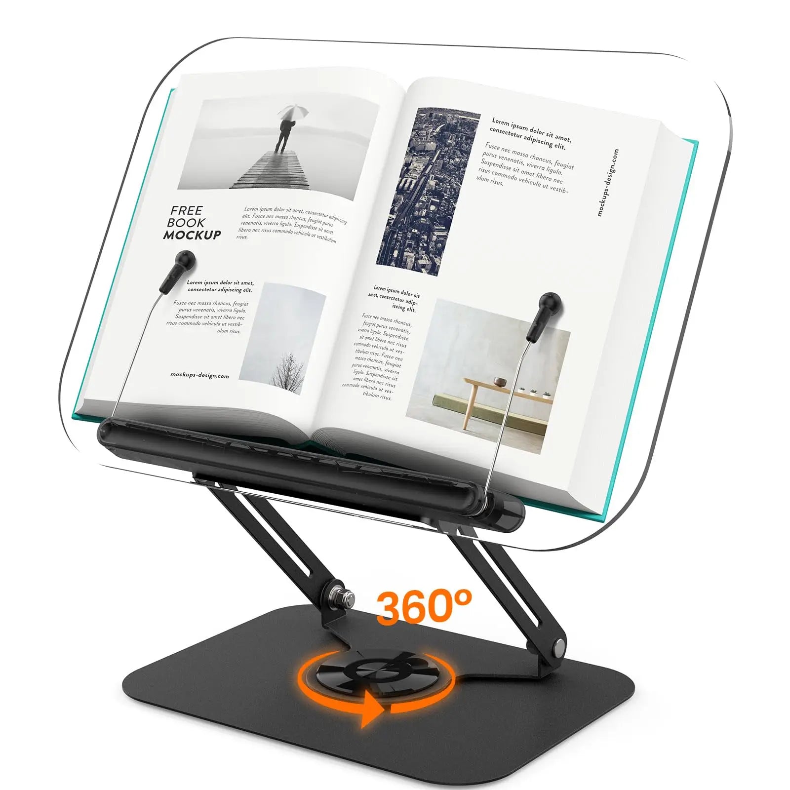 Book Stand for Reading, Adjustable Book Holder with 360° Rotating Base & Elastic Page Clips, Foldable Cookbook Stand for Office