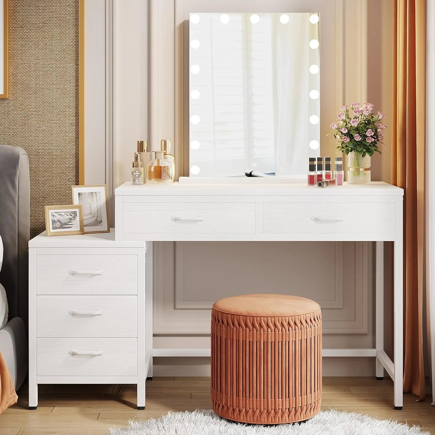 Vanity Desk with 5 Drawers, Makeup Vanity Table Dressing Table with Side 3-Drawer Chest (Without Mirror)for Women, Girls