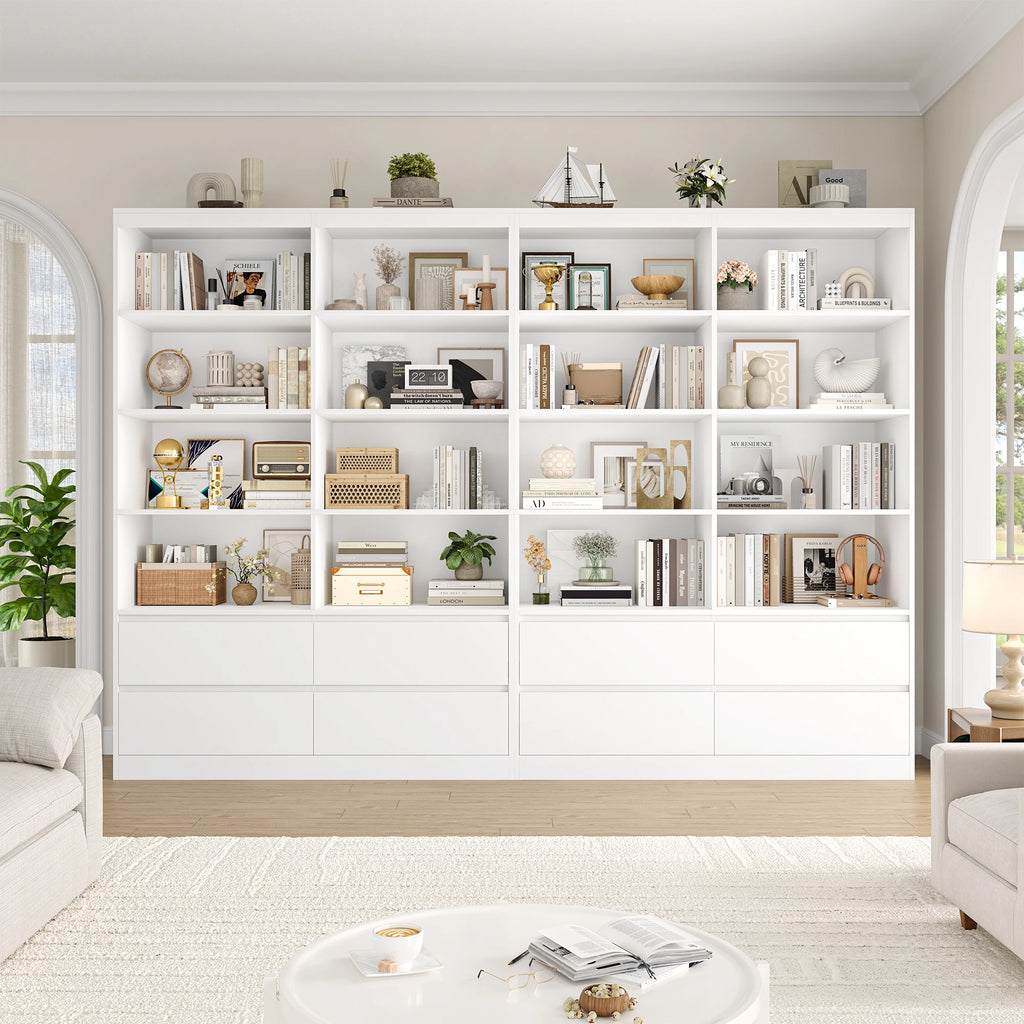 Getone Bookshelf 6 Tier Bookcase White with Drawers 8 Open Compartments Bookshelf Living Room Bookcase  Tall Shelving Unit Free Standing Display Cabinet for Office Home 180x120x30cm