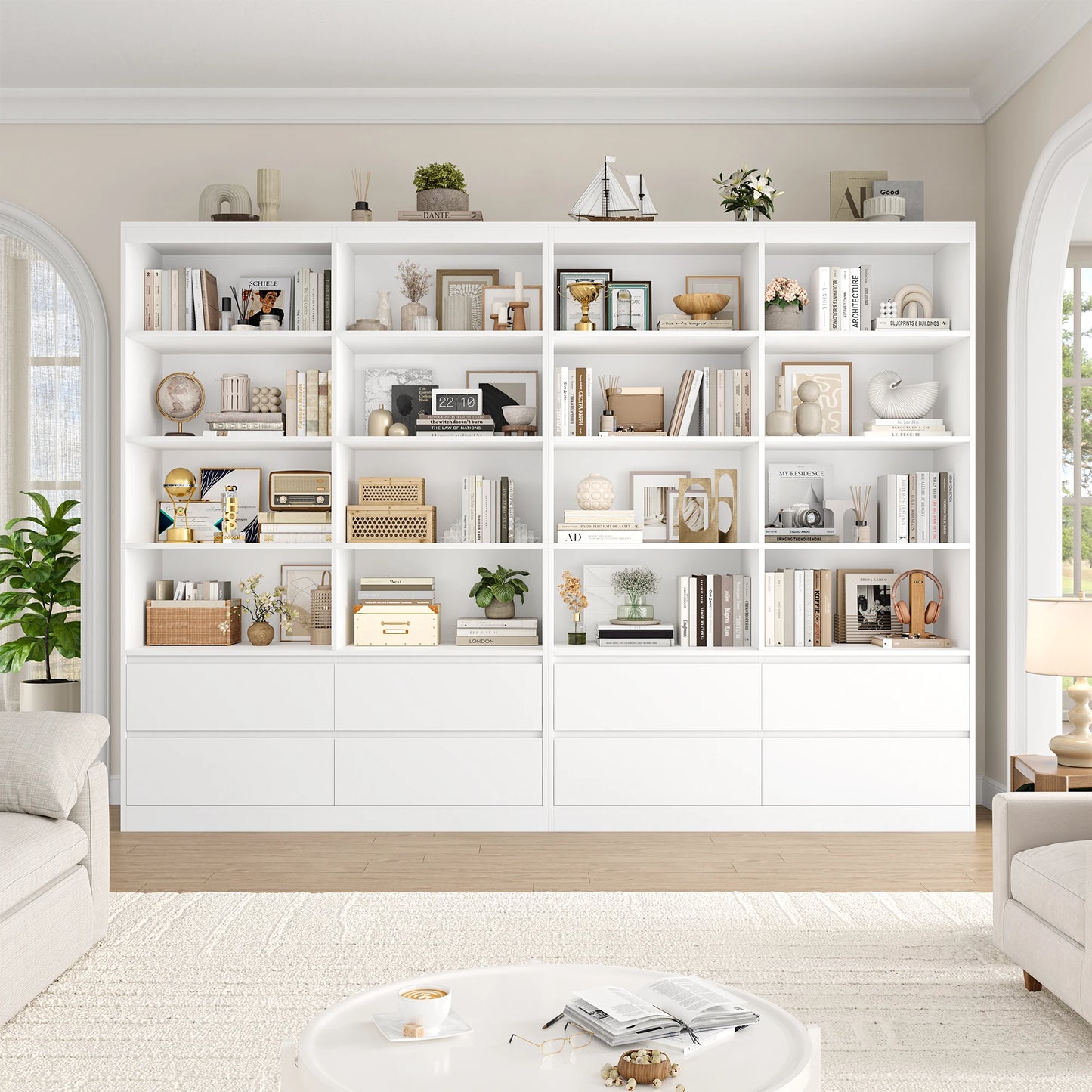 Getone Bookshelf 6 Tier Bookcase White with Drawers 8 Open Compartments Bookshelf Living Room Bookcase  Tall Shelving Unit Free Standing Display Cabinet for Office Home 180x120x30cm