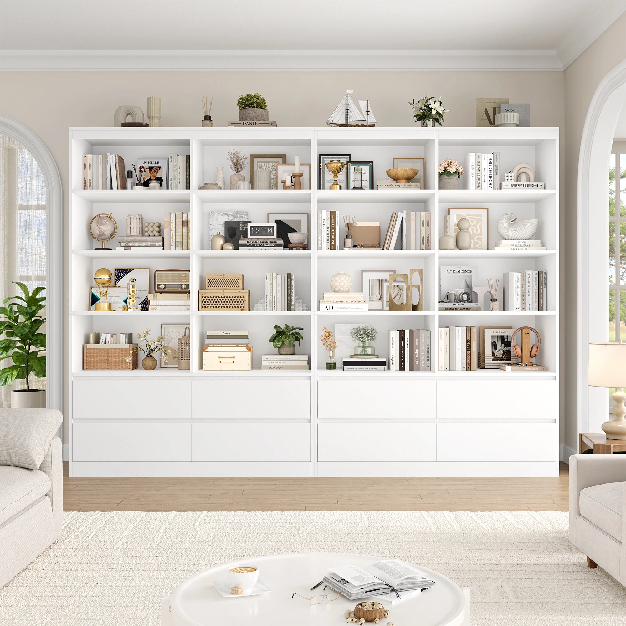 Getone Bookshelf 6 Tier Bookcase White with Drawers 8 Open Compartments Bookshelf Living Room Bookcase  Tall Shelving Unit Free Standing Display Cabinet for Office Home 180x120x30cm