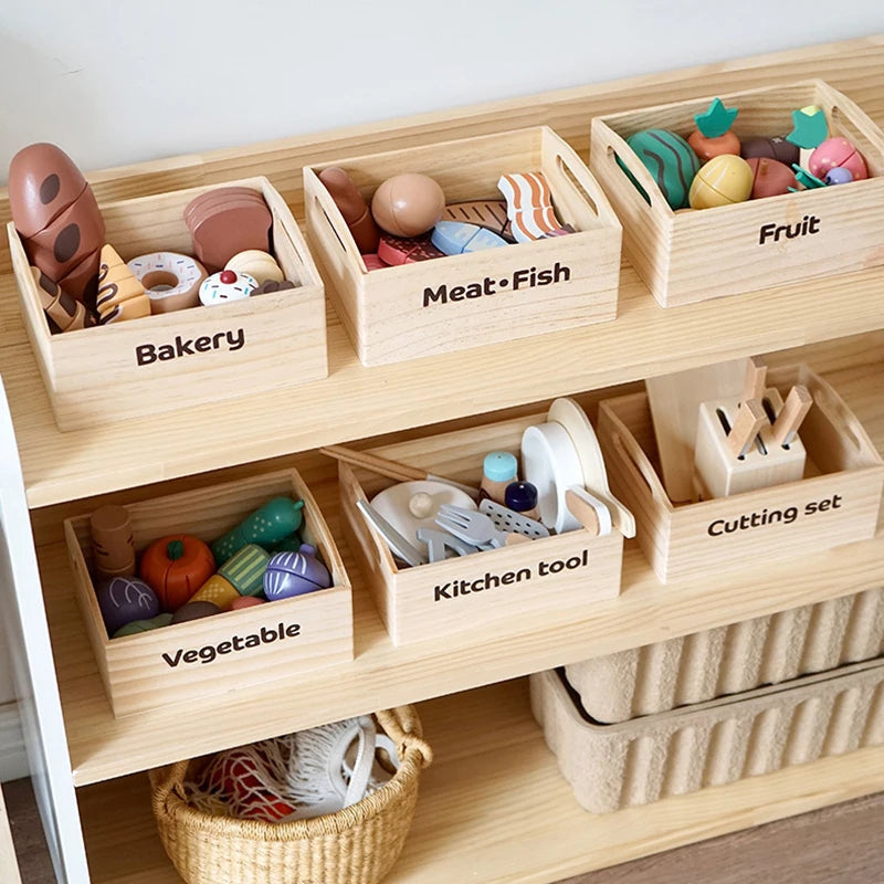 Wooden Kitchen Pretend Play Set Magnetic&Hook Loop Cutting Foods Game Fruits Vegetables Meat Dessert Educational Role Play Toys