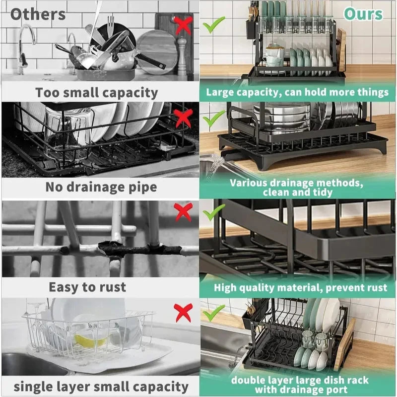2-Tier Kitchen Countertop Dish Drying Rack – Metal Dish Drainer with Drip Tray, Multifunctional Bowl & Chopsticks Storage Rack