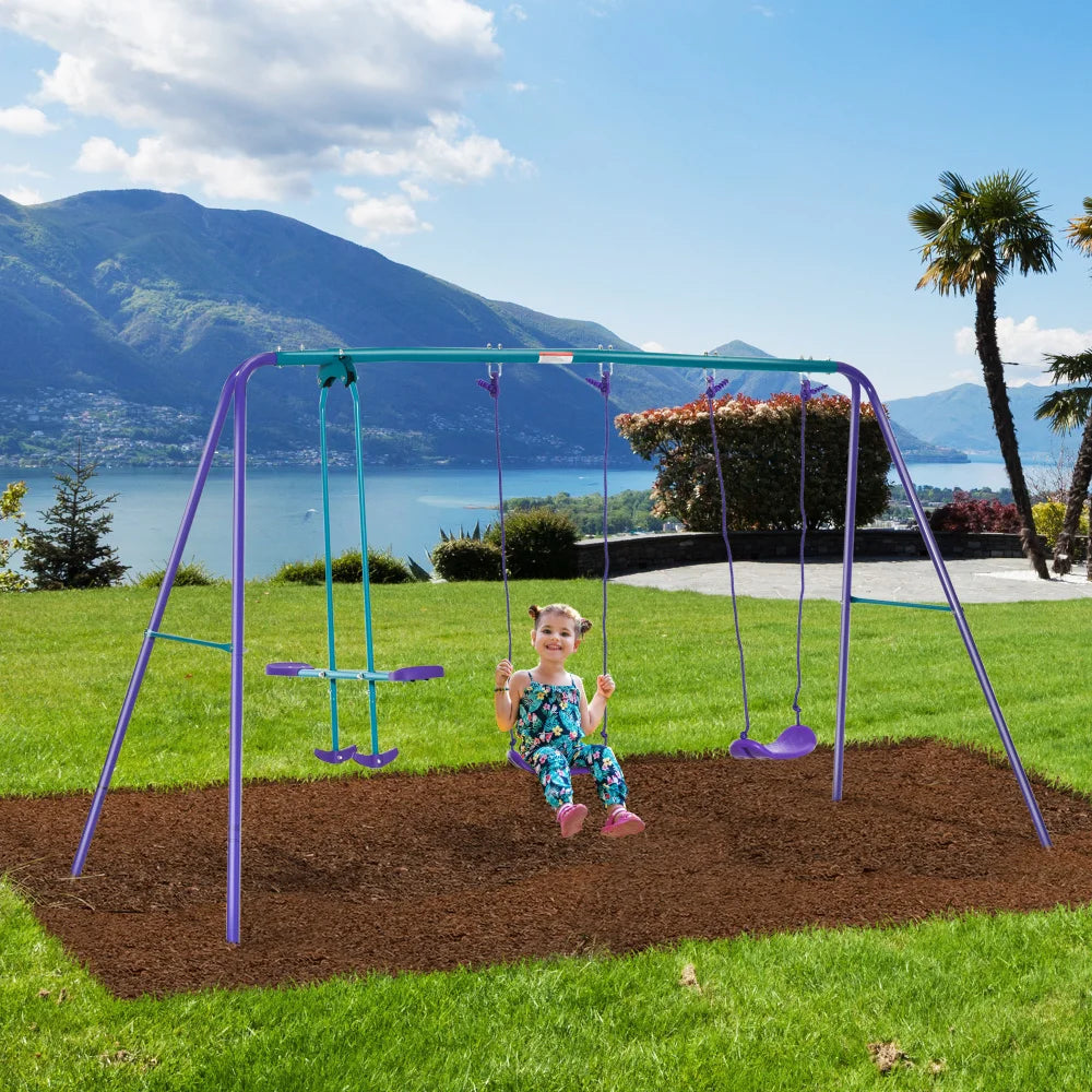 Metal Swing Set with Glider, Two Swing Seats and Adjustable Height, Outdoor Heavy Duty A-Frame Suitable for Playground, Backyard