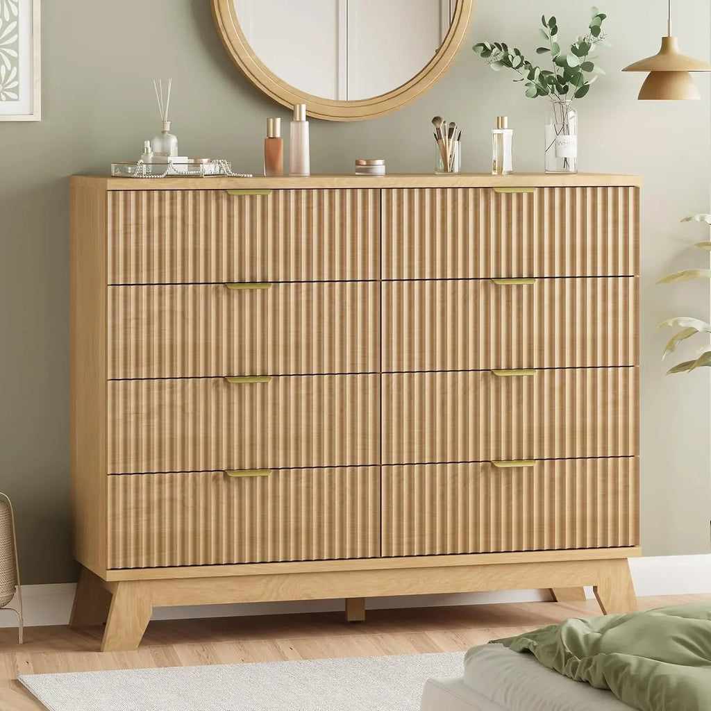 Fluted Dresser for Bedroom with 8 Drawers, 48" Wide Modern Chest of Drawers with Metal Handle, Wooden Dresser TV Stand, Wood