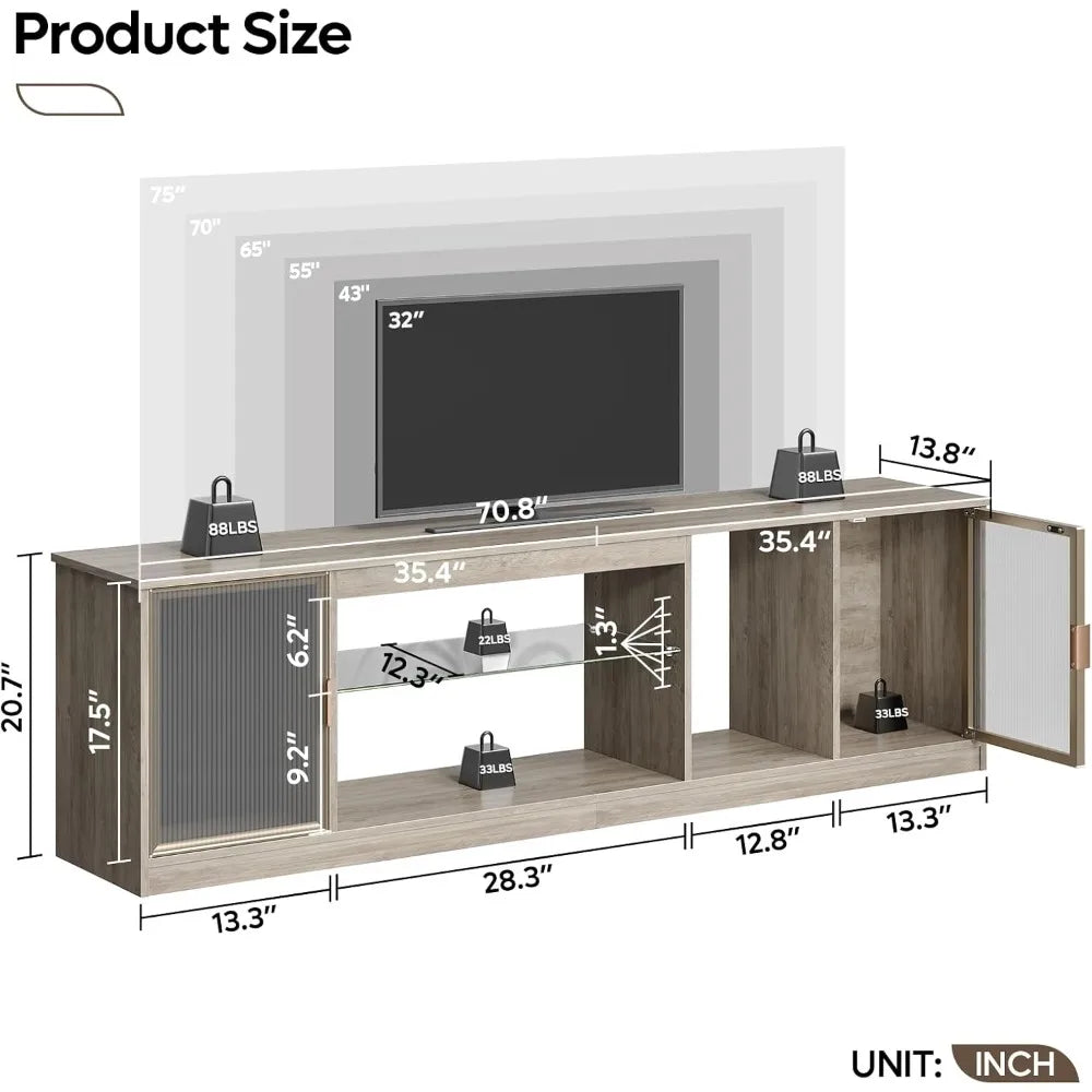 "80-Inch TV Capacity LED Entertainment Center with Adjustable Glass Shelves and Translucent Door Storage Cabinets"