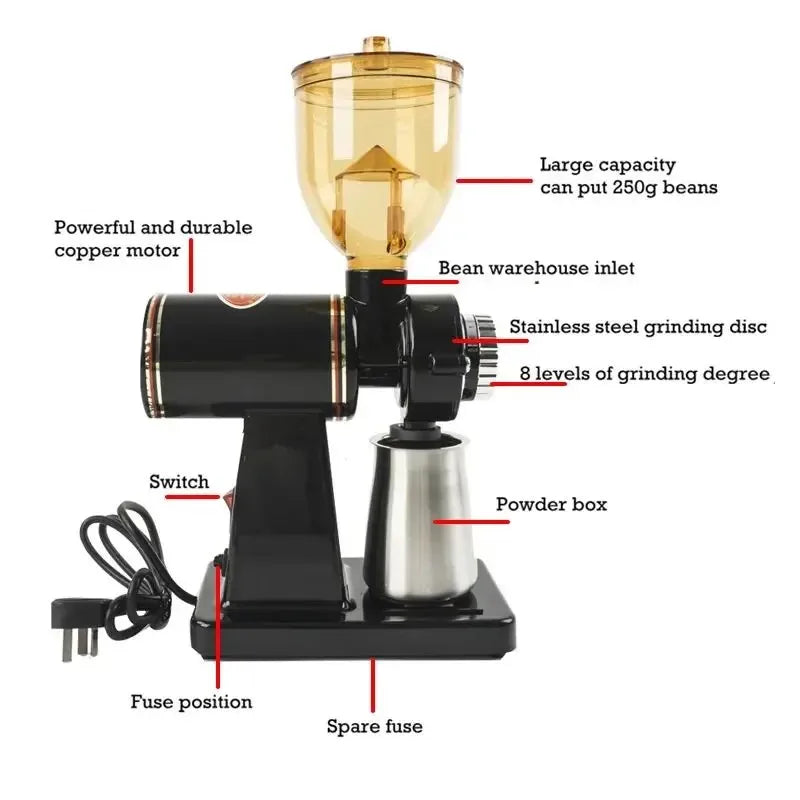 DIVEDEER Electric Coffee Grinder Stainless Steel Coffee Beans Grinder Automatic Detachable 8 File Adjustable Plane Burr Grinder