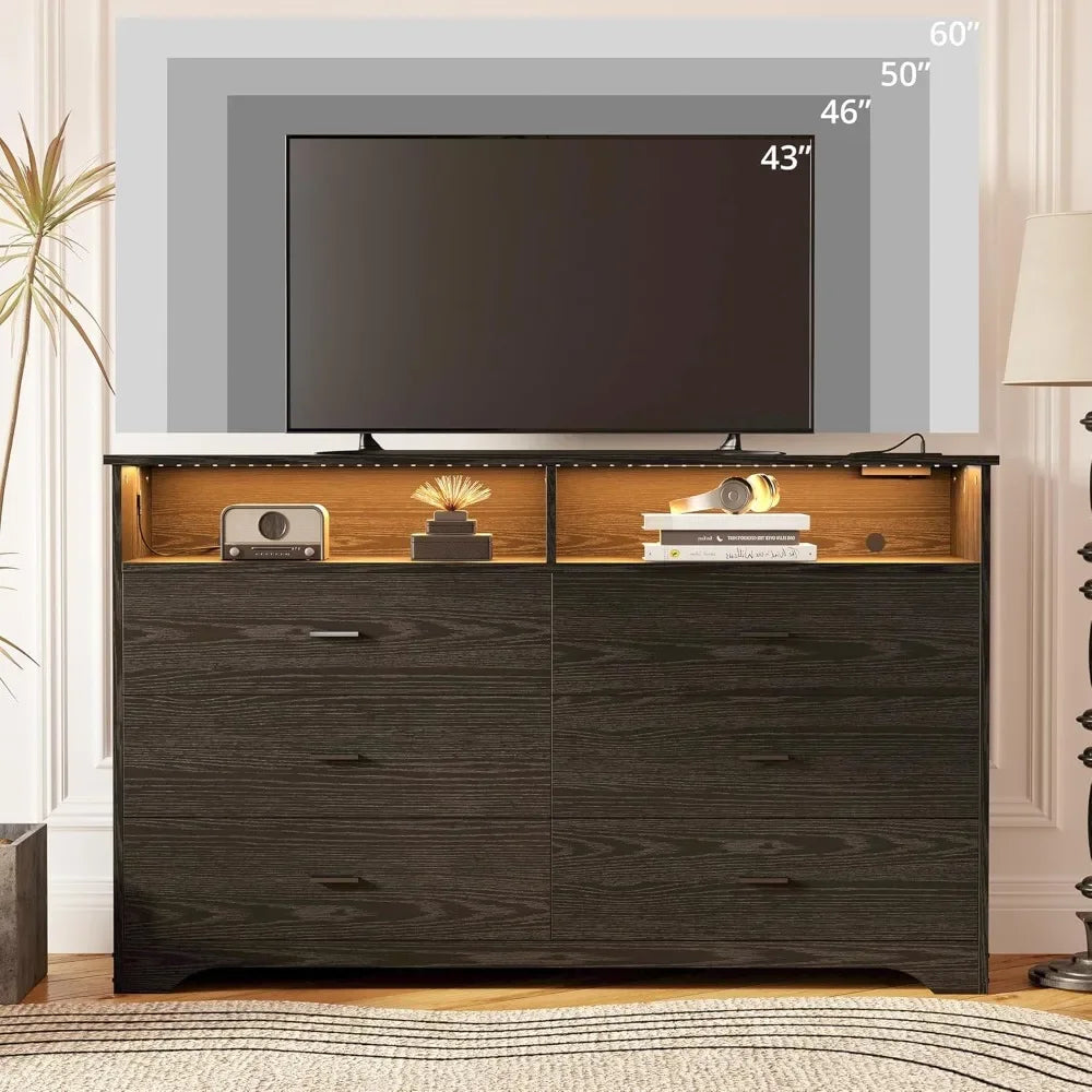 6 Drawer 59"  Dresser with LED and Power Strip, Dressers & Chests of Drawers with Storage Cabinet for Bedroom