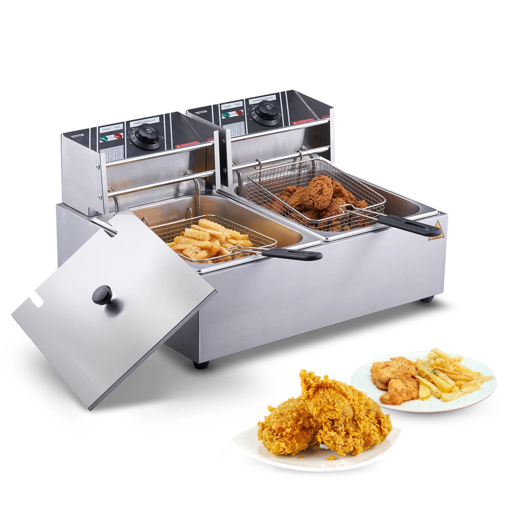SucceBuy Commercial Electric Deep Fryer w/Dual Tanks 12L 3000W  Stainless Steel Countertop Fryer for Fried Chicken French Fries