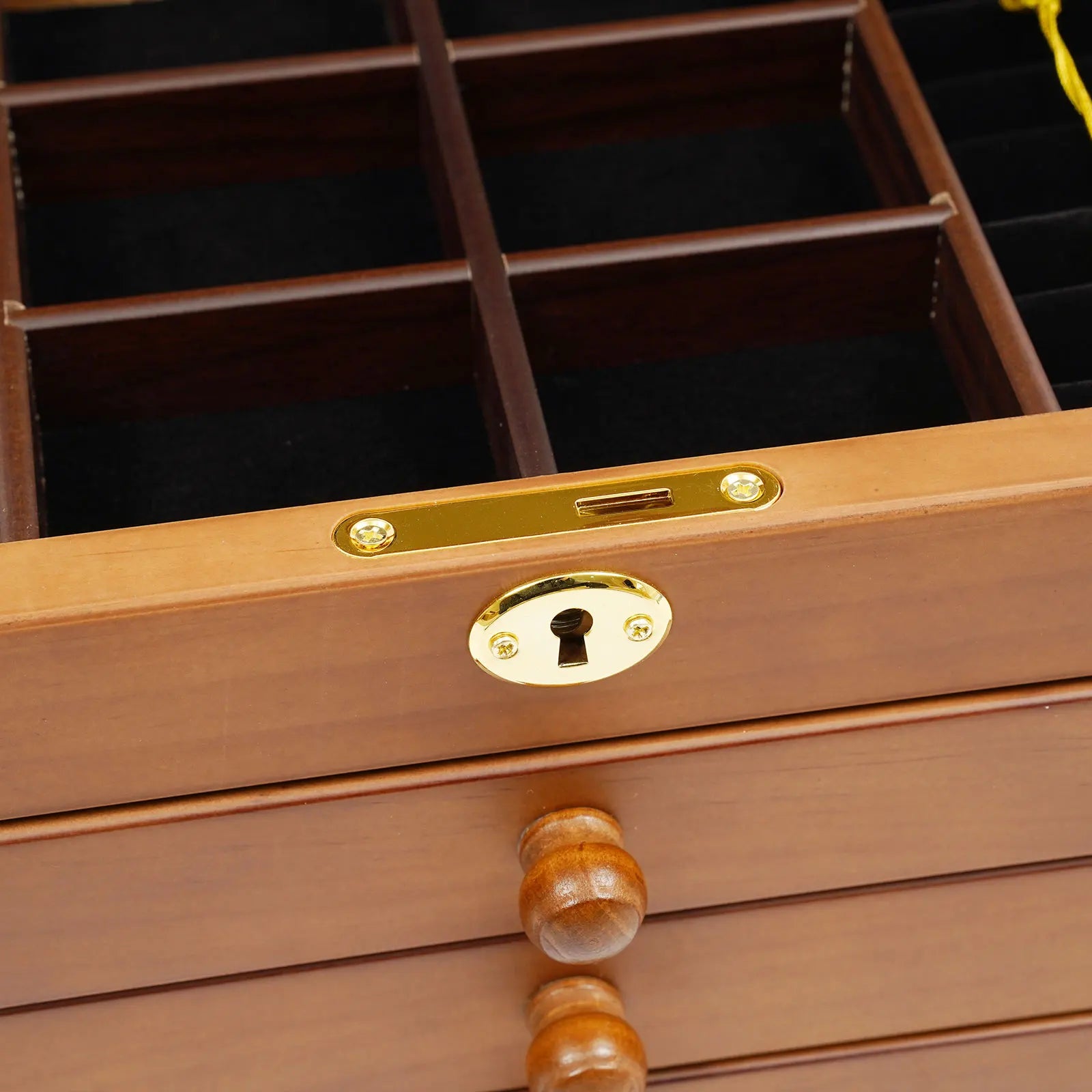 6 Tiers Wooden Jewelry Storage Box - Vintage Jewelry Organizer with Mirror and Lock for Earrings Rings Necklaces Watches