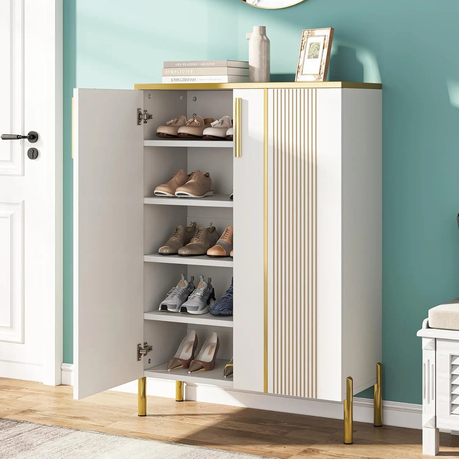 6-Tier Shoe Storage Cabinet with Adjustable Shelves, Wooden Shoes Rack Shoe Storage Organizer for Entryway, Closet, Living Room