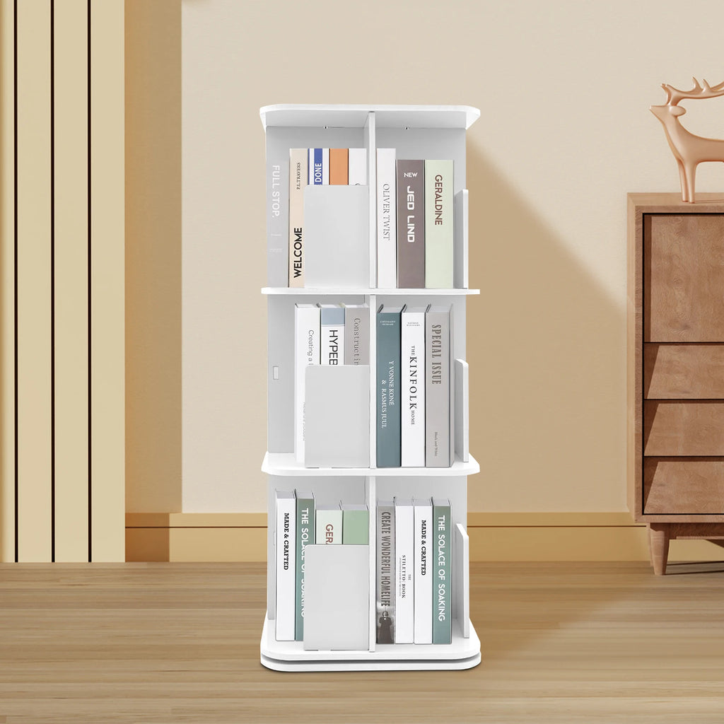 3 Shelves Rotating Bookcase with Desk Pad 360 Degree Rotating Stainless Steel Bookcase for Bedroom Office  Living Room White