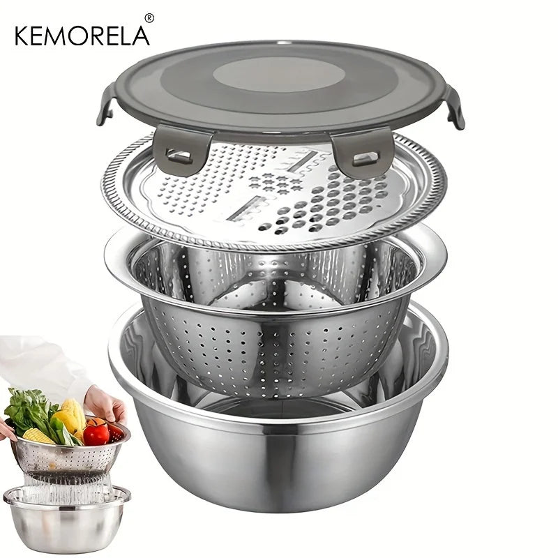 4-in-1 Stainless Steel Kitchen Multifunctional Basin with Lid Airtight Rice Washer Drain Colander Ginger Cheese GraterEssential