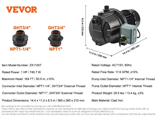 VEVOR Shallow Well Jet Pump 115 Volt Cast Iron / Stainless Steel Irrigation Water Pump for Agricultural Garden Irrigation System