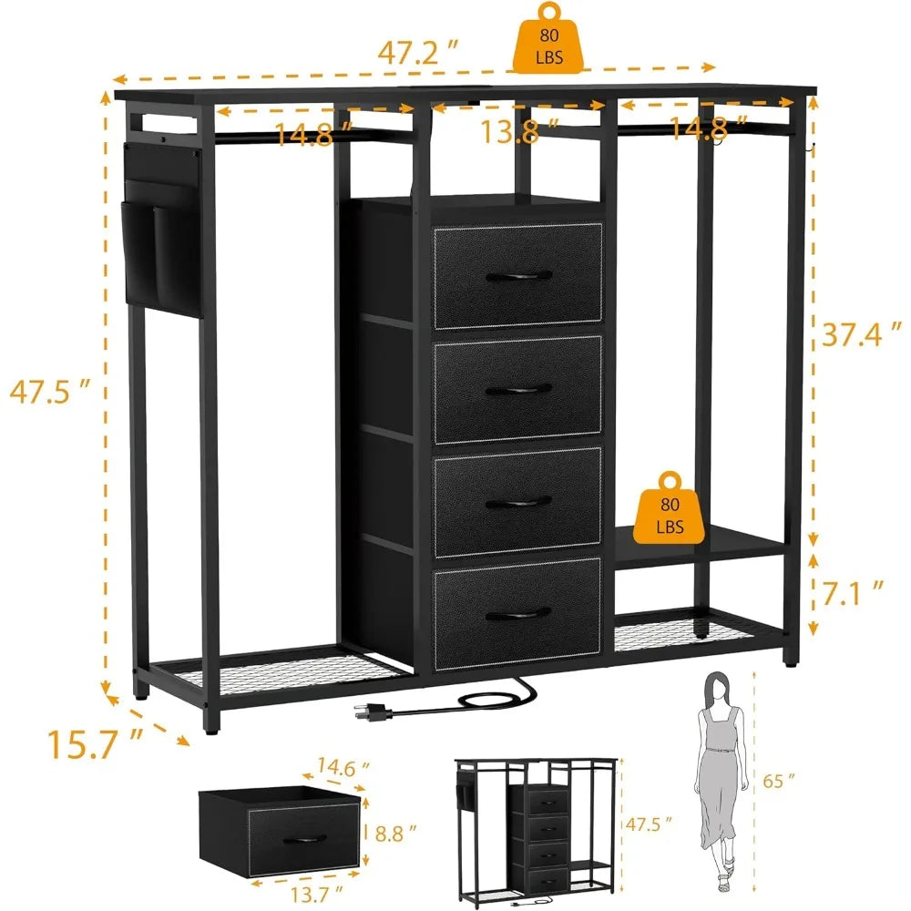 Dresser for Bedroom with 2 Clothes Racks, 4 Drawer Closet with Led Light and Charging Station, Black Wardrobe with Hanging Rack,