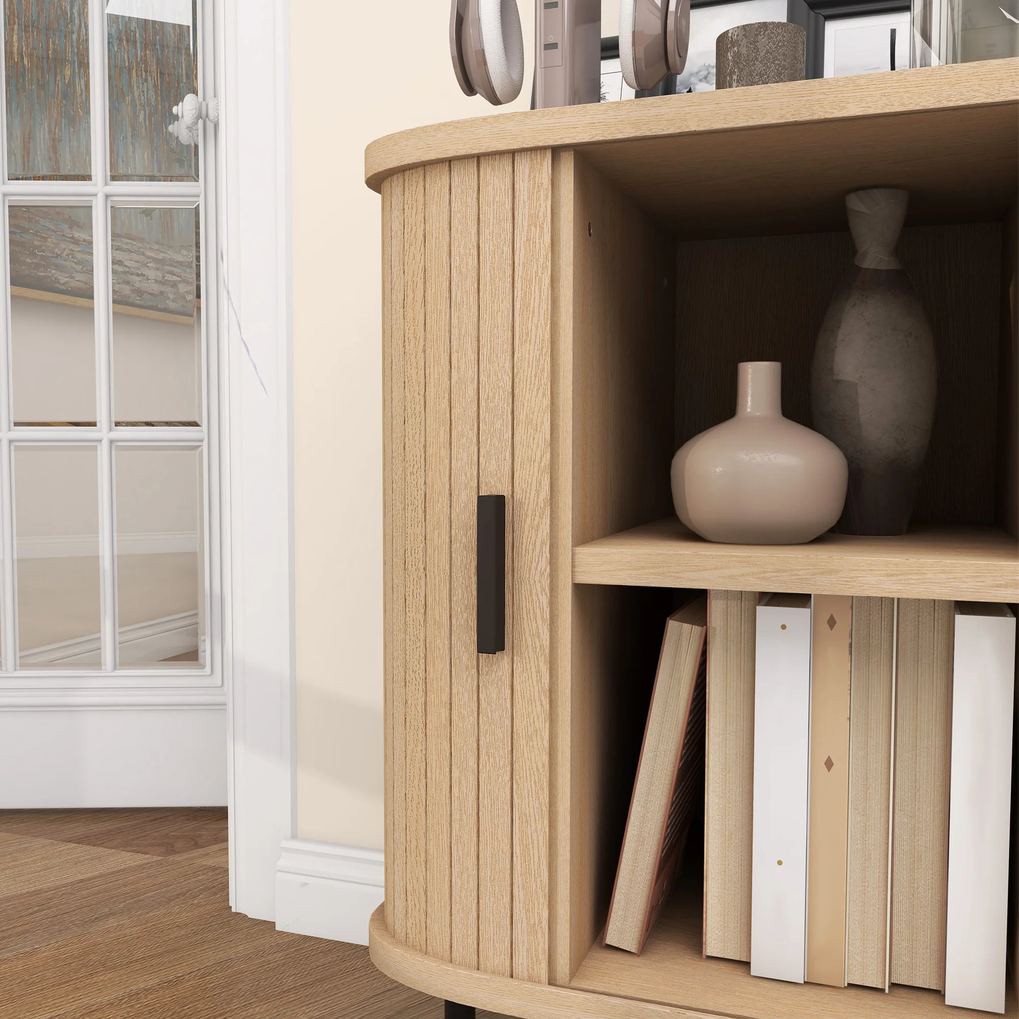 HOMCOM Sideboard Storage Cabinet with Slatted Tambour Sliding Doors Oak Tone
