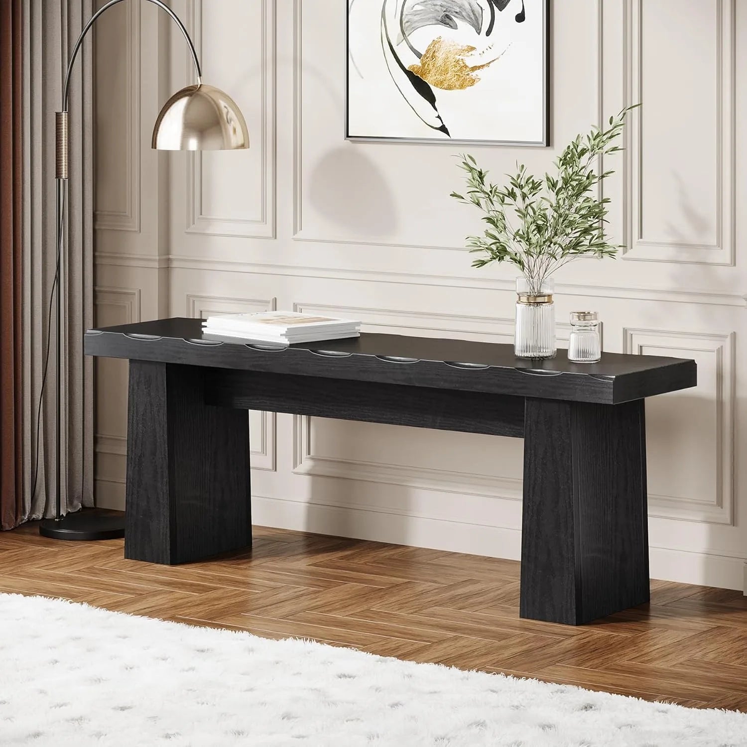 Wooden Entryway Bench, 47-Inch Wood Dining Table Bench with Sturdy Frame for Dining Room, Bedroom Hallway, Easy Assembly, Black