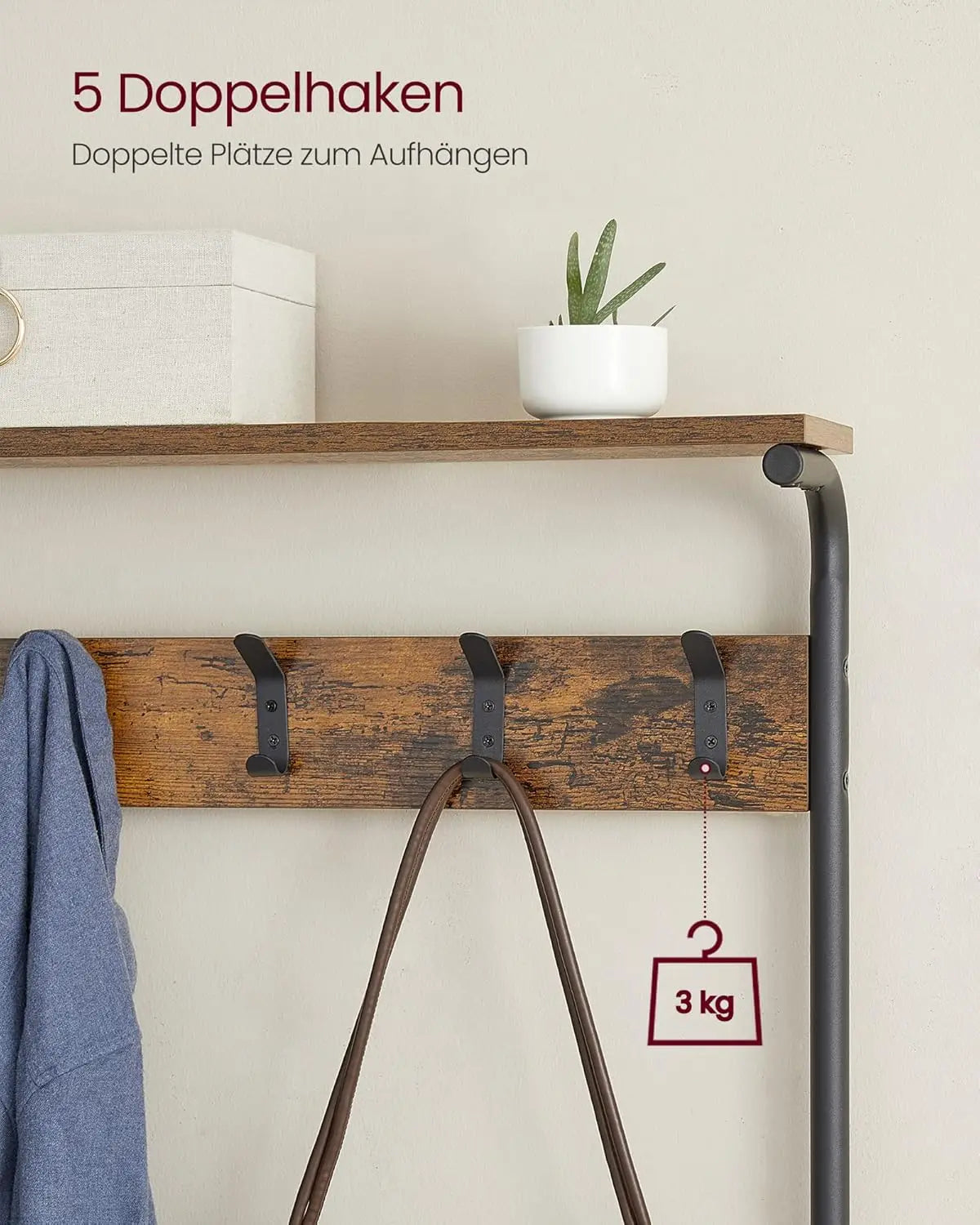 VASAGLE coat rack, dresses stand, wardrobe with 5 double hooks, shoe rack with 5 levels, one shelf on top