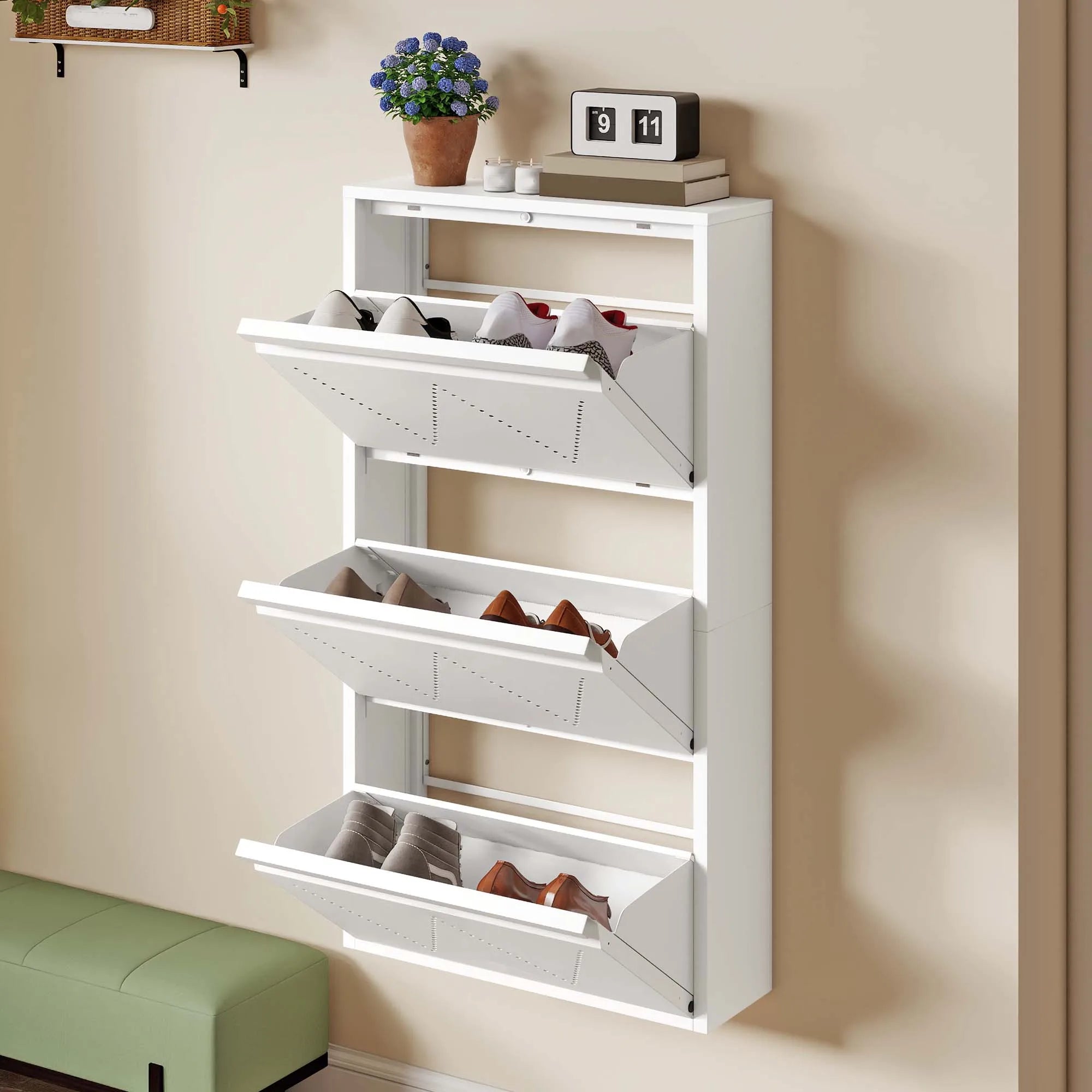 YITAHOME Thin 3-Drawer Shoe Cabinet - Space-Saving Steel Design with Ventilation for Entryway/Hallway