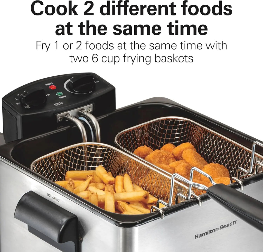 Electric Deep Fryer with 2 Baskets and Lid, 4.5 Liters / 19 Cups Oil Capacity, Temperature Control, View Window,