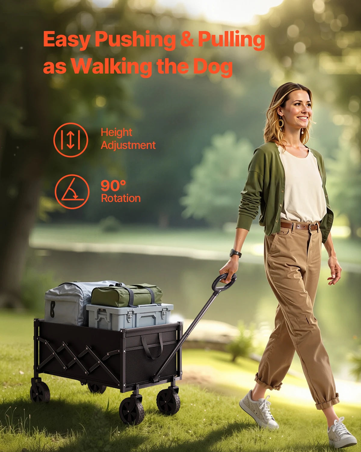 VEVOR Collapsible Wagon Cart 120L & 225LBS Folding Wagon with All-Terrain Wheels with Adjustable Handle for Beach Grocery Garden