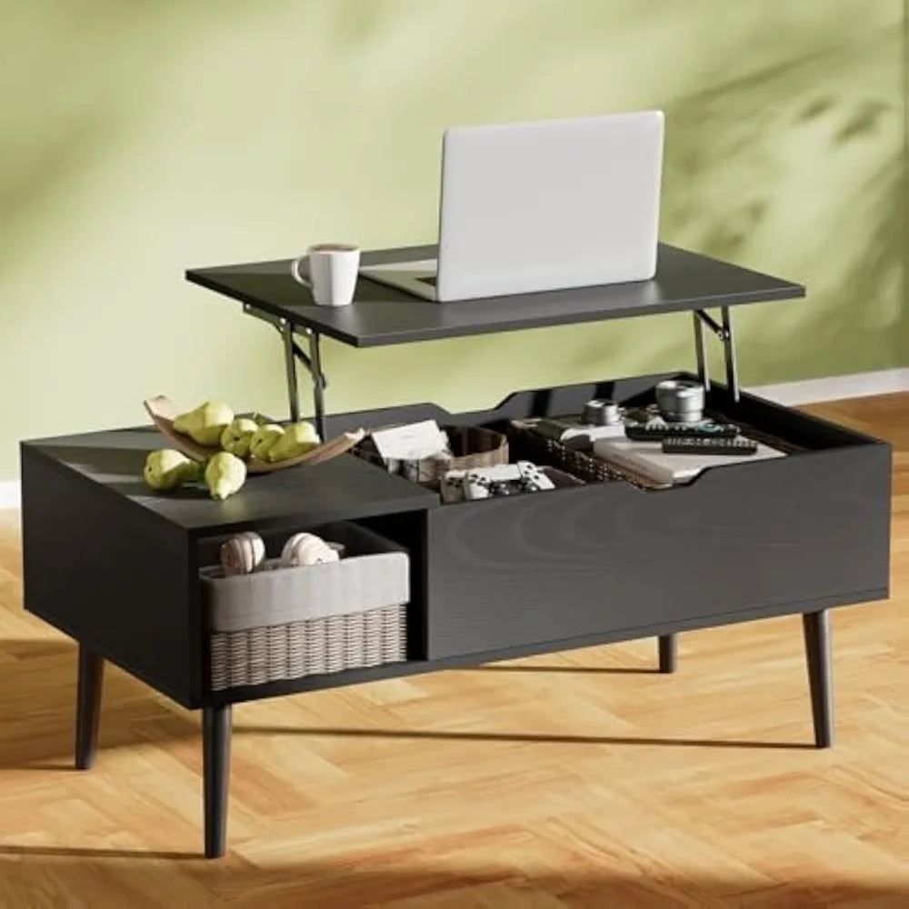 Wood Lift Top Coffee Table with Hidden Compartment and Large Storage Shelf, Lift Tabletop Dining Center Table for Home Living R