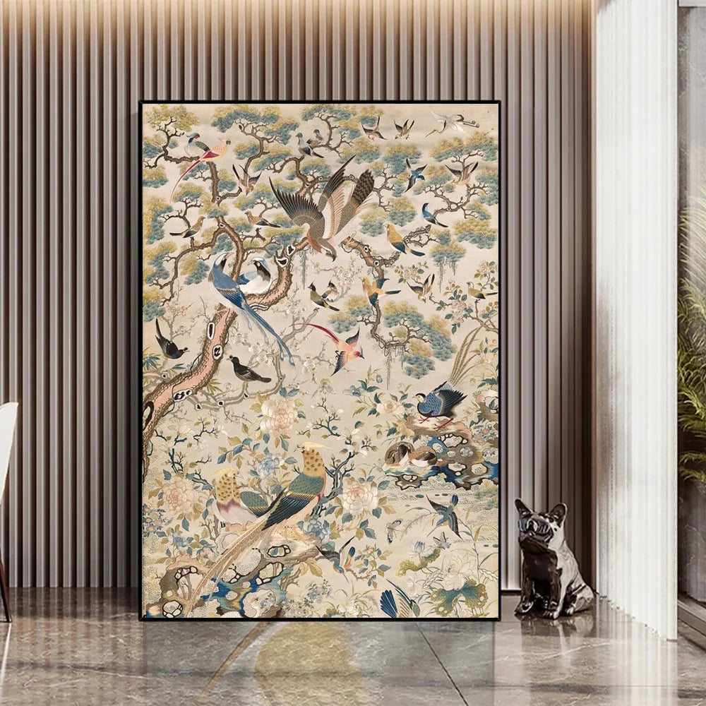 Retro Medieval Style Art Posters Print "Flowers And Birds Harmony Picture" Tropical Birds Plant Mural Home Decor Canvas Painting