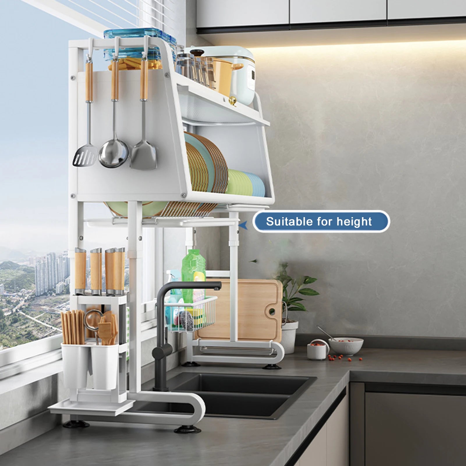 Sink storage rack with cabinet door flip cover, kitchen dish drain rack, storage rack, adjustable dustproof bowl tray