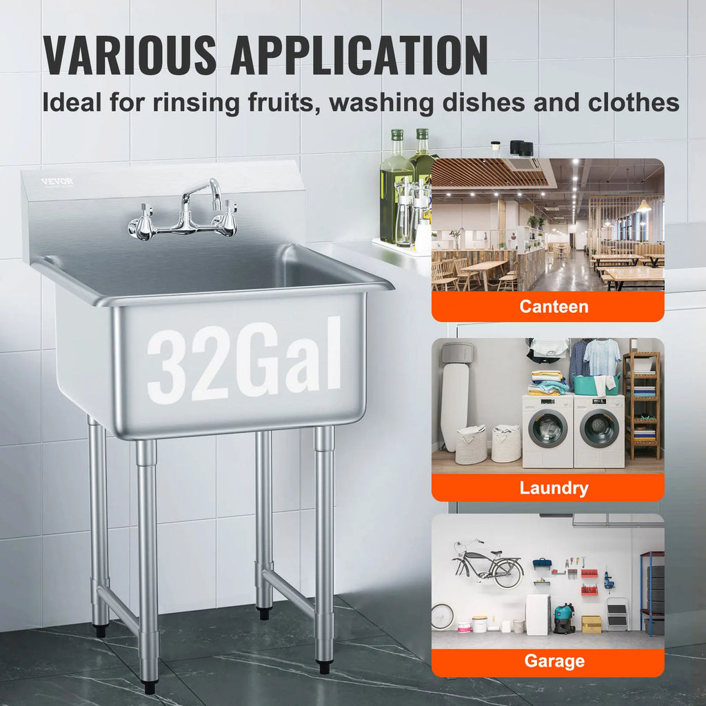 VEVOR Stainless Steel Kitchen Prep & Utility Sink 1 Compartment Restaurant Commercial Steel Sink w/Faucet for Restaurant Home